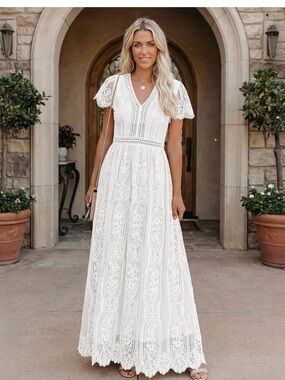White Lace V-Neck Maxi Dress